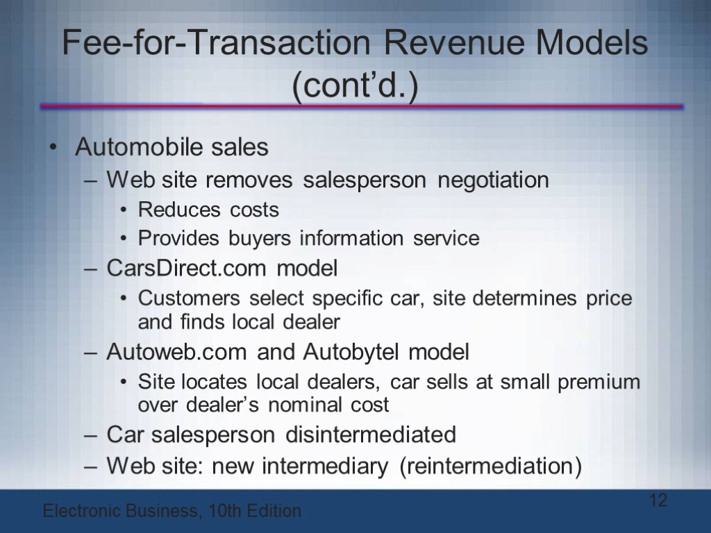 Fee-for-Transaction Revenue Models (cont’d.) Automobile sales Web site removes salesperson negotiation Reduces costs Provides